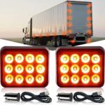 2PCS Amber LED Emergency Strobe Lights, Magnetic Strobe Flashing Beacon Lights Rechargeable Wireless Battery Powered 12-LED Caution Safety Warning Lights for Trucks Trailers Car Van ATV Tow