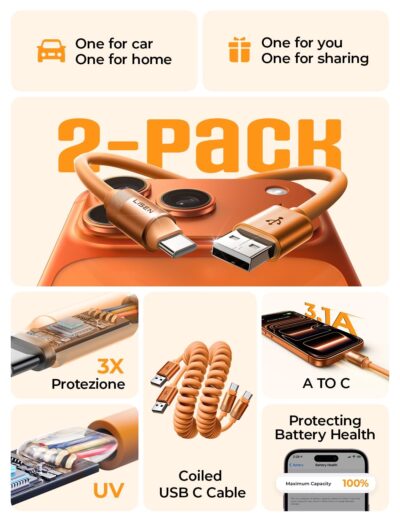 LISEN Coiled USB C Cable, 2 Pack for Android Auto & CarPlay Cable, Short Orange USB C Cable Compatible with iPhone 17 Pro Max Orange/16/15, Samsung Galaxy S25/S24/S23 A15/A14 - Image 2