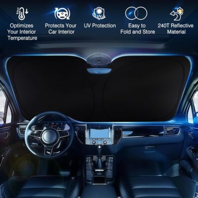 Car Windshield Sun Shade, Upgraded UV Reflective Windshield Sun Shade Foldable Universal Fit with Storage Bag for Cars SUVs Trucks Sedans Hatchbacks - Image 2