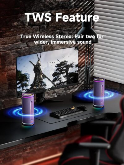 MLOVE E80 Speakers Bluetooth Wireless, Portable Bluetooth Speaker with Aux Input, Micro SD Card Slot, Bass Boost, Dual Pairing, Lights, IPX7 Waterproof, BT5.4 for Outdoor, Travel, Car, TV, 30W, Purple - Image 5