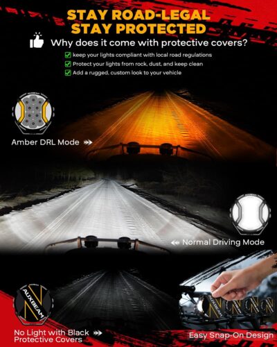 Auxbeam V-Ultra Series Side Shooter Light Bar, 5Inch 172W Round Offroad Lights LED Pods 20400LM, Amber DRL & Spotlight Dual Color 270° Wider Off Road Lighting with Protective Covers, Pair - Image 9