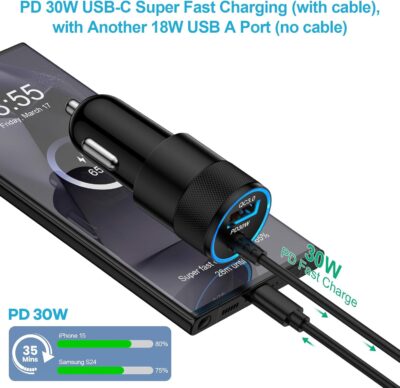 48W USB C Fast Car Charger for Samsung Galaxy Z Fold 7 6 5 4 3 Flip 7 FE 6 5 4 3 5G, Z Trifold, Tri Fold, S24 S23 S22 S21 Ultra FE Plus 5G, Vehicle Phone Adapter Auto Automobile Plug Type C 3ft Cable - Image 2