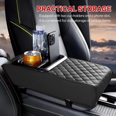 Car Center Console Armrest Pillow, 13.19"×7.87" Leather Car Arm Rest Cover, Memory Foam Auto Armrest Cushion with Cup Holder Phone Slot, Universal Vehicle Middle Console Cushion Pad (Black) - Image 6
