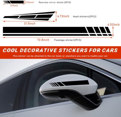 6PCS Car Hood Stripe Sticker, Vinyl Auto Body Side Rearview Mirror Decal, Sports Racing Stripe Graphic Decal Stickers, Universal Vehicle Exterior DIY Decoration Accessories (Black) - Image 2