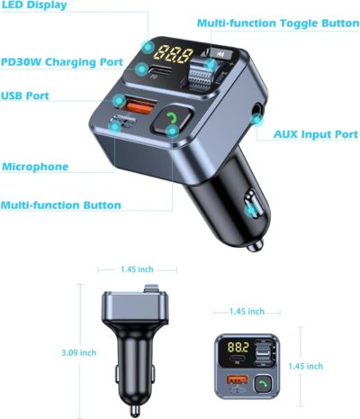 KAIY FM Transmitter Bluetooth Car Adapter, Car Radio Bluetooth Transmitter HandsFree Calling Music Player, FM Radio Adapter 42W Type-C Fast Charging, Support USB Drive - Image 8