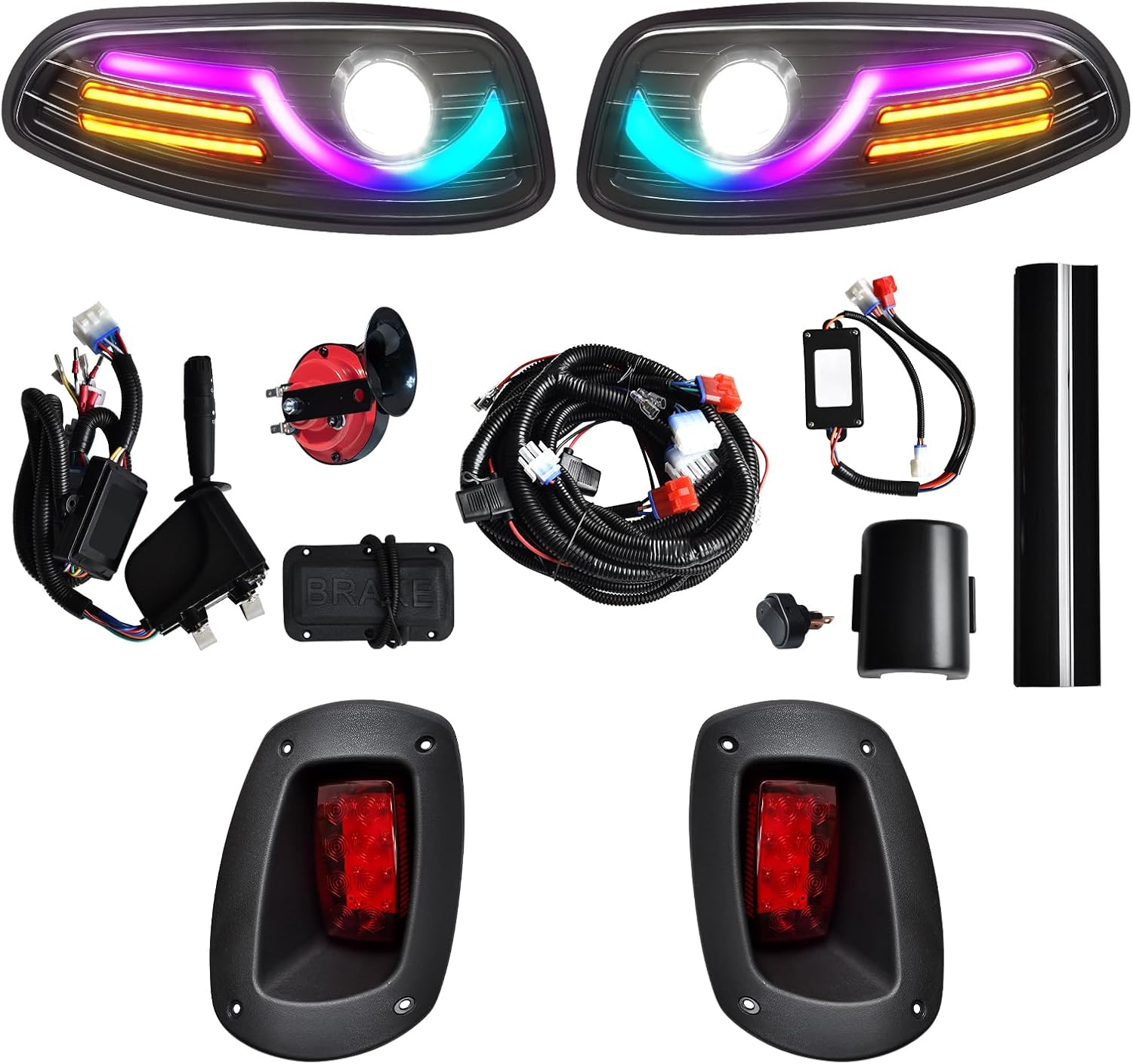 71forpoHgJL._AC_SL1500_.jpg RGB LED Headlight & Turn Signal Kit for EZGO RXV 2008-2015, 12V Golf Cart Street Legal Light Kit with Brake Lights, Horn, Music Sync APP Control, Long-Lasting & Easy Install - Image 1