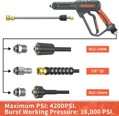 Pressure Washer Gun with Foam Cannon & 50ft Power Washer Hose, 3600PSI Pressure Washing Kit with 15" Extension Wand & 7 Nozzle Tips, 3/8'' Quick Connector & M22 15mm/14mm Fittings - Image 3