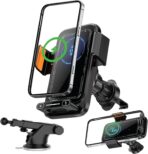 15W Wireless Car Charger & Auto Rotating Car Phone Holder MagSafe Compatible with LED Lights, Gesture Control Clamping, Auto Arm Opening, Built-In Battery, Dual Mount Options for Vent or Dashboard