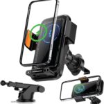 15W Wireless Car Charger & Auto Rotating Car Phone Holder MagSafe Compatible with LED Lights, Gesture Control Clamping, Auto Arm Opening, Built-In Battery, Dual Mount Options for Vent or Dashboard