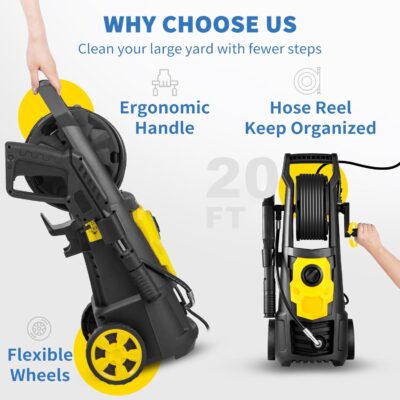 VEVOR Electric Pressure Washer, 2000 PSI, Max 1.65 GPM Power Washer w/ 20 ft Hose & Reel, 4 Quick Connect Nozzles, Foam Cannon, Portable to Clean Patios, Cars, Fences, Driveways, ETL Listed - Image 4