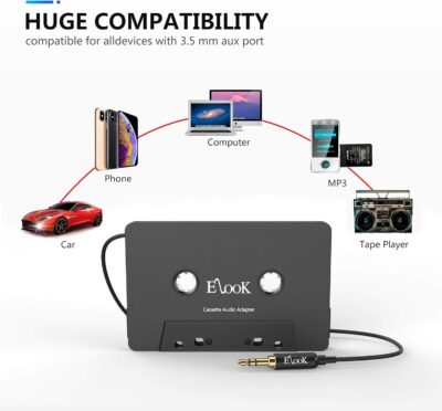 Elook Car Cassette Aux Adapter, 3.5mm Universal Audio Cable Tape Adapter for Car, Phone, MP3 ect. (Black) - Image 6
