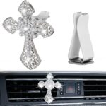 Frienda Bling Car Air Vent Clip Crystal Cross Rhinestone Vehicle Air Conditioner Outlet Vent Charm Car Bling Accessories for Women Wheels Interior Decoration(Silver)