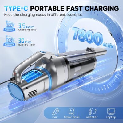 JONYJ Handheld Vacuum Cordless, 16000PA Strong Suction Hand Held Car Vacuum Cleaner, Portable Hand Vacuum Rechargeable with Multi-Nozzles & LED Light for Home, Car, Office, Pets - Image 4
