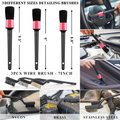 AUTODECO 20Pcs Car Cleaning Wash Kit Interior Detailing Cleaner Kit with High Power Handheld Vacuum, Brush Set, Windshield Tool, Duster, Towels, Complete Car Care Tools, Pink - Image 5