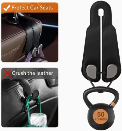 CoBak Purse Hook for Car - Universal Premium Stitched Leather and Aluminum-Magnesium Alloy Double Car Seat Back Storage Hook for Purses, Handbags, Bags (2 Pack),Black - Image 4