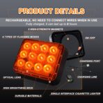 2PCS Amber LED Emergency Strobe Lights, Magnetic Strobe Flashing Beacon Lights Rechargeable Wireless Battery Powered 12-LED Caution Safety Warning Lights for Trucks Trailers Car Van ATV Tow - Image 3