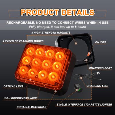 2PCS Amber LED Emergency Strobe Lights, Magnetic Strobe Flashing Beacon Lights Rechargeable Wireless Battery Powered 12-LED Caution Safety Warning Lights for Trucks Trailers Car Van ATV Tow - Image 3
