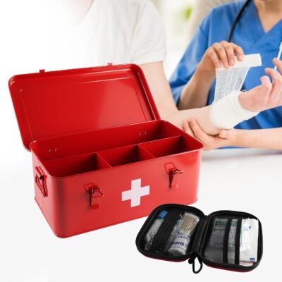 First Aid Box with Mini First Aid Kit, Metal Medicine Storage Box with Handles & Safety Lock, First Aid Organizer Waterproof Hard Shell Small Case for Travel Home Office Camping Hiking Car - Image 4