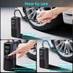 Tire Inflator Portable Air Compressor, 150 PSI Cordless Air Pump, Dual Power 6000mAh, 12V DC Car Plug, Fast Inflation 24L/Min, Auto Shut-Off, LED Light, 4 Preset Modes for Car, Bike, Motorcycle, Balls - Image 7