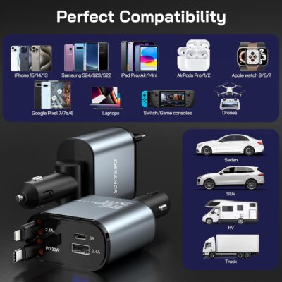 [2 Pack] Retractable Car Charger 4 in 1 Fast Car Phone Charger 69W, USB C Car Truck Accessories Adapter with 2X Retractable Charger Cords and 2X USB Ports for i Phone 17/16/15/14, for Samsung S25/S24 - Image 7