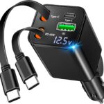 [Apple MFi Certified] Retractable Car Charger USB C, Braveridge 120W USB C Car Charger 4 in 1 PD/QC Type C Fast Charge Cigarette Lighter Adapter for iPhone 17/17 Pro Max/16 Pro/15/Galaxy S26/S25/Pixel