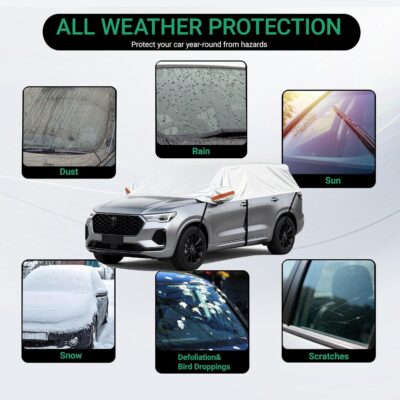Half Car Cover for SUV, Sunroof & Windshield Cover for Ice and Snow, Hail Protector with Cotton Liner, Waterproof Roof Car Cover for All Weather Sun Rain Dust Protection - Image 3