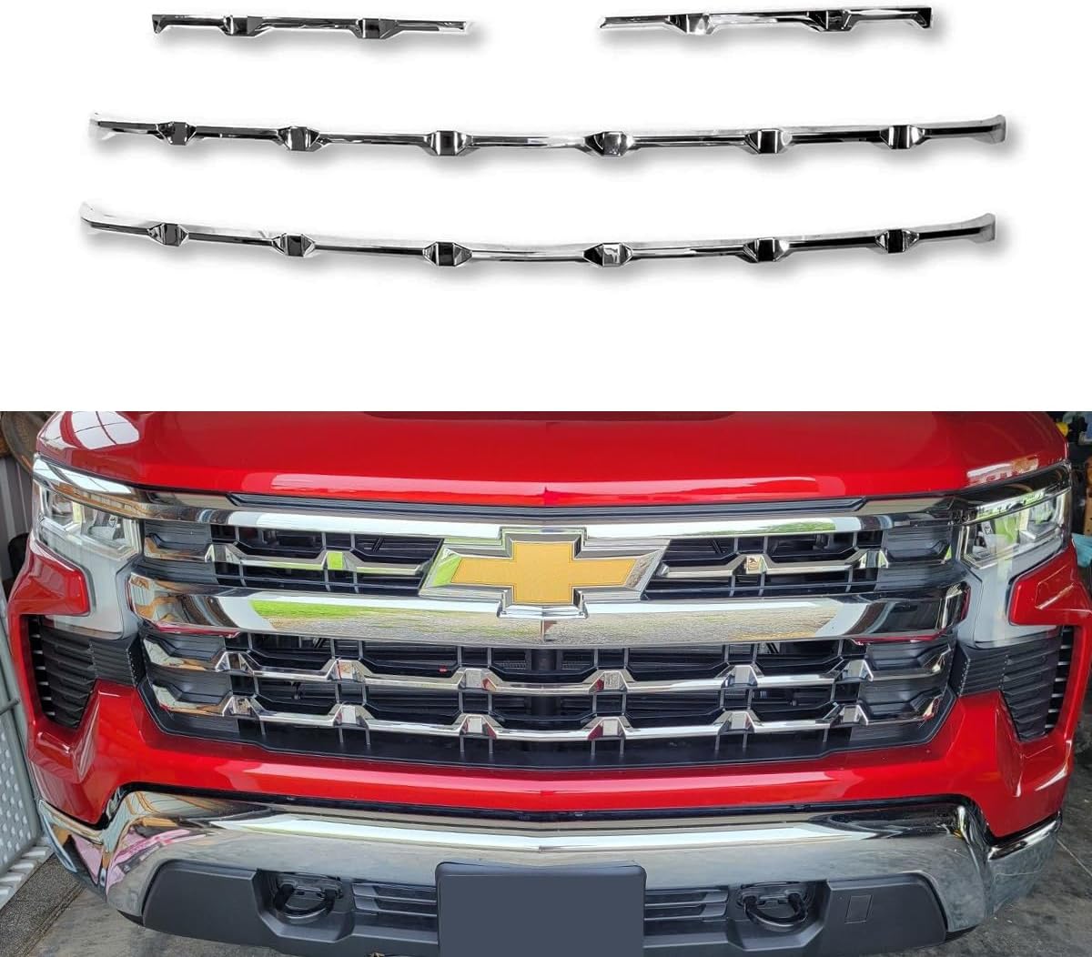 71hgZ0DHnWL._AC_SL1200_.jpg Chrome Grille Grill Overlay Trim 4 Piece Compatible With 2022 2023 2024 2025 2026 Chevy Silverado 1500 LT/RST - Image 1