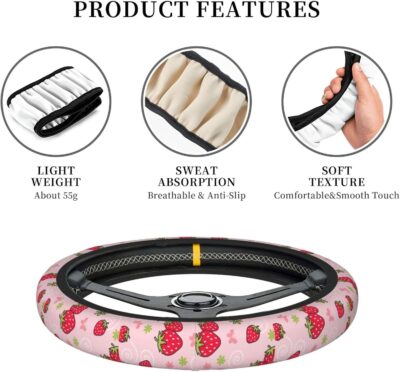 Pink Strawberry Steering Wheel Cover for Women, Universal Auto Steering Wheel 14-15 Inch Car Interior Accessories with 2PCS Car Coasters, Suitable for Men and Women - Image 4