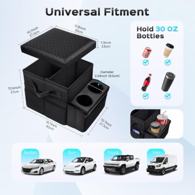 Foldable Bench Seat Center Console, Car Armrest Organizer Box with 2 Large Cup Holders & Massive Storage, Universal Portable Trunk Console Arm Rest for Car/Truck/Van/SUV Rear Organizers Back Seat - Image 3