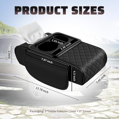 2026 New 5 in1 Car Armrest Storage Box,Multifunctional Leather Car Armrest Box Pad with Cup Holder & Phone Holder & Storage Bag,Comfortable Center Console Cover for Elbow Support - Image 2