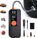 Portable Tire Inflator Air Compressor, 150 PSI Cordless Air Pump, 6000mAh Battery & 12V Car Outlet, Digital Pressure Gauge, Auto Shut-Off, Fast 24L/Min, LED Light, 4 Preset Modes for Car, Bike, Balls