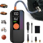 Portable Tire Inflator Air Compressor, 150 PSI Cordless Air Pump, 6000mAh Battery & 12V Car Outlet, Digital Pressure Gauge, Auto Shut-Off, Fast 24L/Min, LED Light, 4 Preset Modes for Car, Bike, Balls