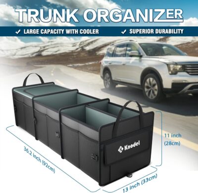 K KNODEL Sturdy Car Trunk Organizer with Premium Insulation Cooler Bag, 3 Compartments Heavy Duty Collapsible for Car, SUV, Truck, or Van (Large, Black) - Image 2