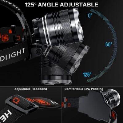 AKNEAR LED Rechargeable Headlamp 99000 High Lumens, 95 Hours Endurance Head Lamp with Zoomable & 12 Modes & IPX7 Waterproof & 125° Adjustable, Super Bright Head Light for Outdoor, Camping, Hard Hat - Image 3