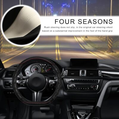 Car Steering Wheel Cover, 15 Inches Leather Comfy Grip Steering Wheel Protector with 3D Honeycomb, Anti-Slip D-Shaped Wheel Wrap Cover for Most Vehicles, Car Accessories (Black) - Image 5