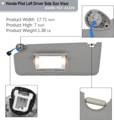 NHILES Left Driver Side Sun Visor Fits for Honda Pilot 2016-2022 Honda Ridgeline 2018-2020 Replacement Sun Shade # 83280-TG7-A12ZB (Wisteria Light Gray) - Image 3