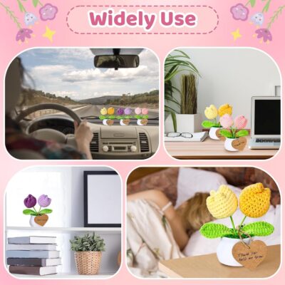 3 PCS Crochet Flower Pot,Crochet Tulip Small Potted Plants Handmade Knitted Flower Mothers Day Valentines Gifts Desk Car Dashboard Decor Gifts - Image 6