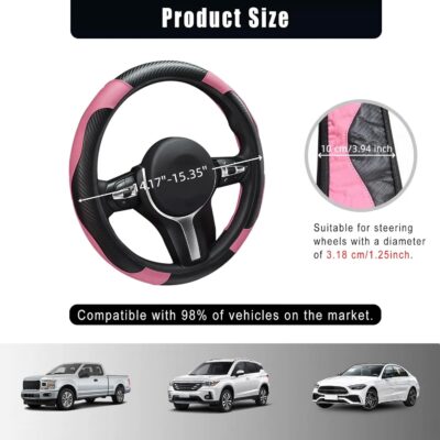 Leather Car Steering Wheel Cover, 15 Inch Anti-Slip Carbon Fiber Black Steering Wheel Cover, Universal Car Interior Accessories for Trucks Sedans SUVs (Black & Pink) - Image 2