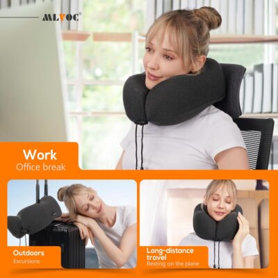 MLVOC Neck Pillow for Traveling, Upgraded 100% Pure Memory Foam Travel Neck Pillow for Airplane Flight Sleep, Breathable & Machine Washable Cover, Travel Kit with 3D Eye Mask, Earplugs & Bag, Black - Image 6