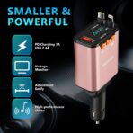 Retractable Car Charger,5 in 1 Fast Cars Phone Charger 60w,Bluetooth 5.3 FM Transmitter Adapter,Handsfree Call,MP3 Player,2 Retractable Cables and USB Chargers, for Phone,Galaxy,Pixel (Pink) - Image 7