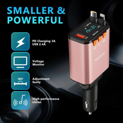 Retractable Car Charger,5 in 1 Fast Cars Phone Charger 60w,Bluetooth 5.3 FM Transmitter Adapter,Handsfree Call,MP3 Player,2 Retractable Cables and USB Chargers, for Phone,Galaxy,Pixel (Pink) - Image 7