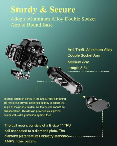 BRCOVAN Anti-Theft Phone Mount Holder with Vibration Dampener [Camera Friendly] [1s Lock & Release], with Aluminum Diamond Base & Medium Arm for Car Boat Truck Motorcycle UTV ATV Fit 5.4-7.2'' Phone - Image 8