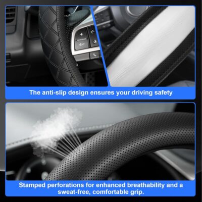 JUSTTOP Car Steering Wheel Cover,14.5"-15" Leather Steering Wheel Cover,Diamond Checkered Design Wheel Protector for Men Women,Anti-Slip Car Accessories,Fits Most Vehicles (Black) - Image 3