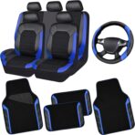 CAR PASS Air Mesh Leather Car Seat Covers Full Set, Waterproof Car Floor Mats, Sporty Steering Wheel Cover 14.5-15in, Universal Fits for 95% Cars Truck SUV (Black and Blue)