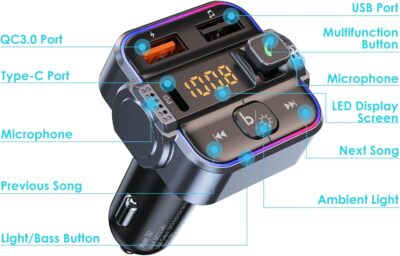 Bluetooth 5.3 FM Transmitter for Car, Dual Micphone Hands-Free Calls Wireless Radio Receiver, PD 30W & QC3.0 Fast Car Charger Adapter - Image 8