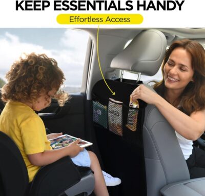 lebogner Back Seat Cover For Kids + 3 Pocket Storage Organizer, 2 Pack X-Large Waterproof Kick Mats Backseat Protector, Car Seat Back Protectors For Vehicles To Protect From Dirt, Mud & Scratches - Image 2