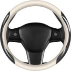 Nappa Leather car Steering Wheel Cover,Carbon Fiber Sports car Interior Non-Slip Ultrathin 15 inches Universal (White)
