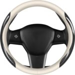Nappa Leather car Steering Wheel Cover,Carbon Fiber Sports car Interior Non-Slip Ultrathin 15 inches Universal (White)