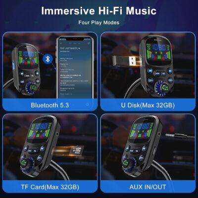 Bluetooth 5.3 FM Transmitter for Car SOARUN Bluetooth Car Adapter PD30W & USB Port Fast Charge, HiFi Treble & Bass Player, 1.6" Display Hands-Free Calling Truck Radio with AUX Input/Output, TF Card - Image 5