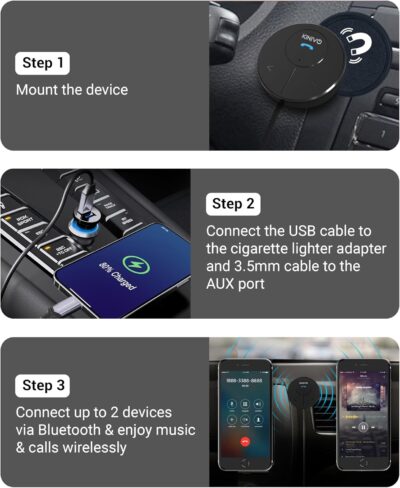 Kinivo BTC480 Aux Car Adapter (Bluetooth Car Kit with 3.5mm Port, Dual Phone Connection, Magnetic Mount, Dual-Port USB Charger, BT Wireless Reciever) Plug & Play for Hands-Free Calls, Stereo Audio - Image 8